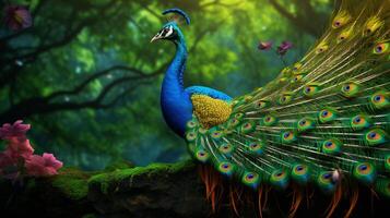 ai generado un pavo real es en pie en frente de flores foto