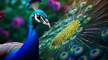 AI generated a peacock is standing in front of flowers photo