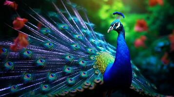 AI generated a peacock is standing in front of flowers photo