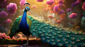 AI generated a peacock is standing in front of flowers photo