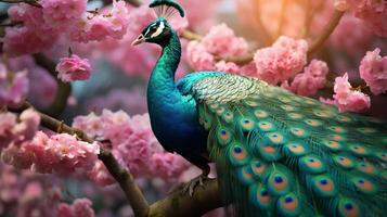 AI generated a peacock is standing in front of flowers photo