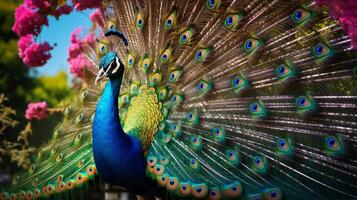 ai generado un pavo real es en pie en frente de flores foto