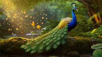 ai generado un pavo real con vistoso plumas y flores foto