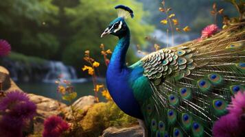 ai generado un pavo real con vistoso plumas y flores foto