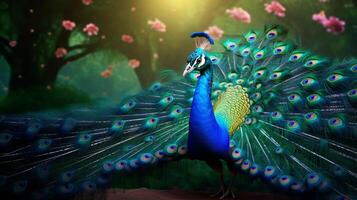 AI generated a peacock with colorful feathers and flowers photo