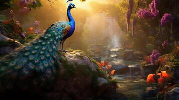 AI generated a peacock with colorful feathers and flowers photo