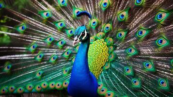 ai generado un pavo real con vistoso plumas y flores foto