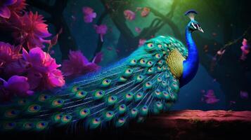 AI generated a peacock with colorful feathers and flowers photo