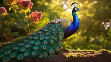 ai generado un pavo real con vistoso plumas y flores foto