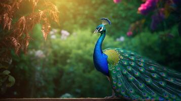 AI generated a peacock with colorful feathers and flowers photo