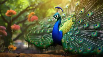 ai generado un pavo real con vistoso plumas y flores foto