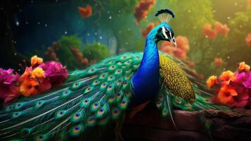 AI generated a peacock with colorful feathers and flowers photo