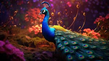 ai generado un pavo real con vistoso plumas y flores foto