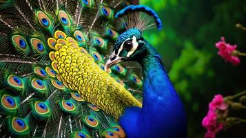 AI generated a peacock with colorful feathers and flowers photo