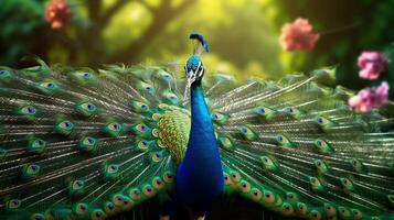 ai generado un pavo real con vistoso plumas y flores foto