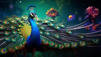 AI generated a peacock with colorful feathers and flowers photo