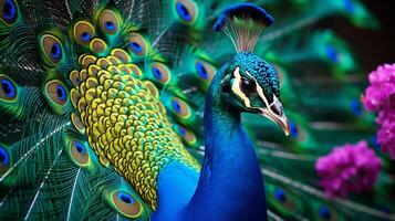 ai generado un pavo real con vistoso plumas y flores foto