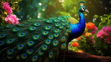 AI generated a peacock with colorful feathers and flowers photo