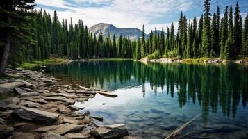 AI generated Pine Forest Lake Nature Background photo