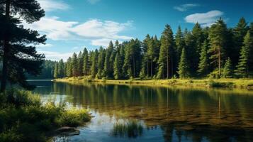 AI generated Pine Forest Lake Nature Background photo