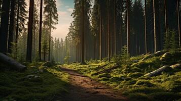 AI generated Pine Forest Nature Background photo