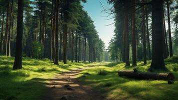AI generated Pine Forest Landscape Background photo