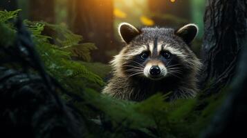 AI generated a raccoon is sitting on a tree branch photo