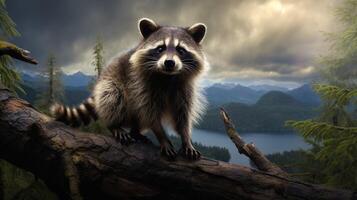 AI generated a raccoon is sitting on a tree branch photo