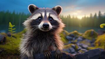 AI generated a raccoon is sitting on a tree branch photo