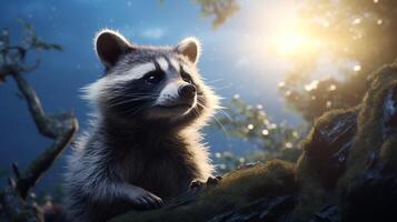 AI generated a raccoon is sitting on a tree branch photo