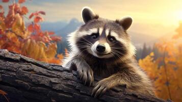 AI generated a raccoon is sitting on a tree branch photo