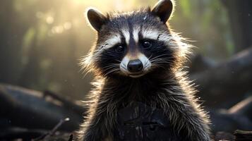 AI generated a raccoon is sitting on a tree branch photo