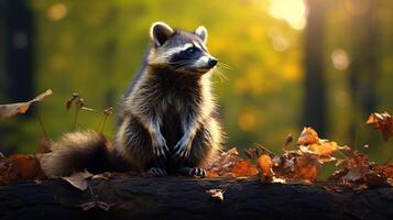 ai generado un mapache es sentado en un árbol rama foto