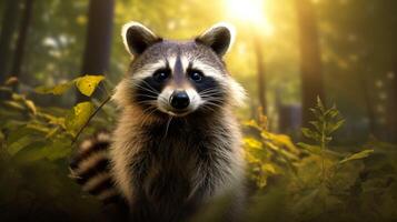 AI generated a raccoon is sitting on a tree branch photo