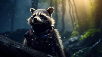 AI generated a raccoon is sitting on a tree branch photo