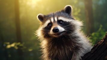 ai generado un mapache sentado en un rock en el bosque foto