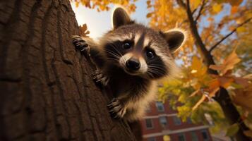 ai generado un mapache es sentado en un árbol rama foto