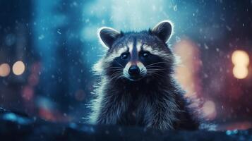 AI generated a raccoon sitting on a rock in the woods photo