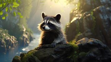 AI generated a raccoon sitting on a rock in the woods photo