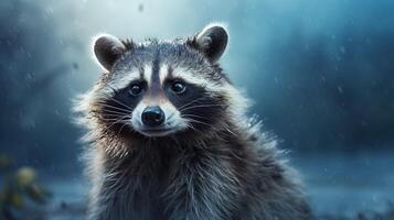 AI generated a raccoon sitting on a rock in the woods photo