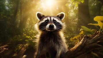 AI generated a raccoon sitting on a rock in the woods photo