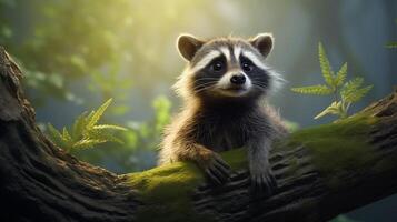 AI generated a raccoon sitting on a rock in the woods photo