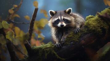 AI generated a raccoon sitting on a rock in the woods photo