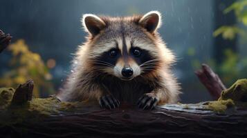 AI generated a raccoon sitting on a rock in the woods photo