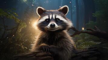 AI generated a raccoon sitting on a rock in the woods photo