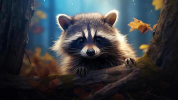 AI generated a raccoon sitting on a rock in the woods photo