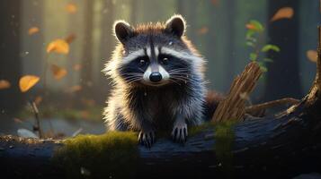 AI generated a raccoon sitting on a rock in the woods photo