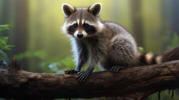 ai generado un mapache sentado en un rock en el bosque foto