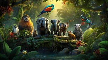 AI generated Rainforest Animal Friends Background photo