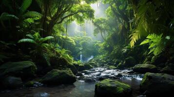 AI generated Rainforest Landscape Background photo